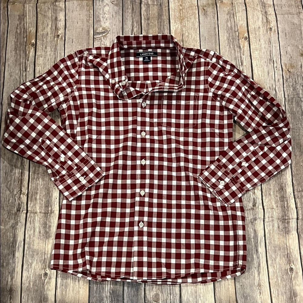 Lands End Boys Size M (10-12) Long Sleeve Burgundy Plaid Button Down Long Sleeve